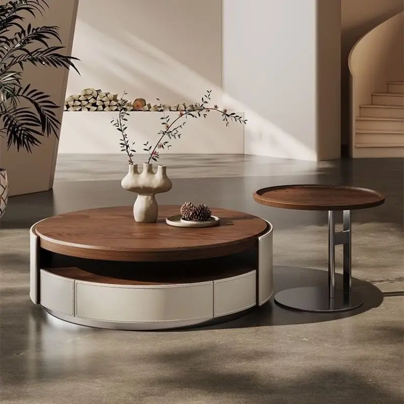 

Small apartment coffee table, living room household saddle leather light luxury medieval walnut round coffee table combination