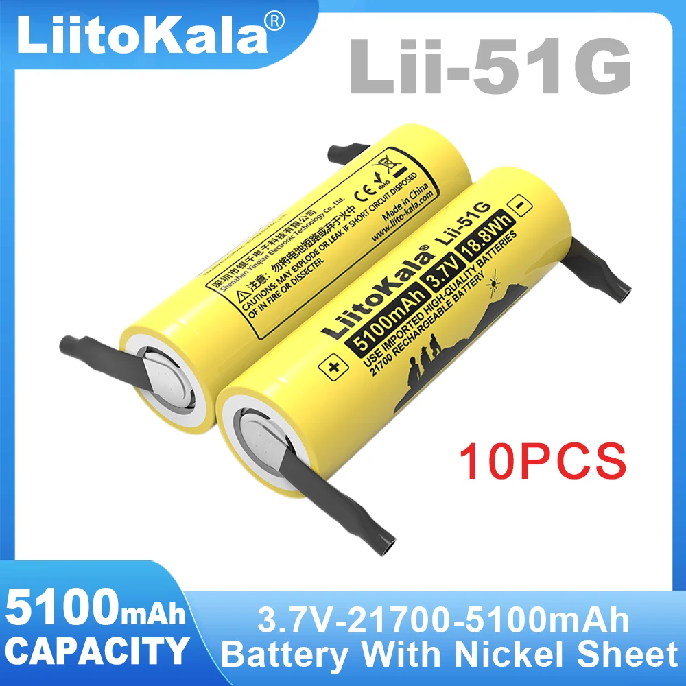 10PCS Liitokala Lii-51G DIY Nickel 3.7V 5100mAh 21700High-capacity 100% Original Lithium Battery