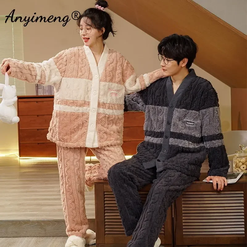 

New Winter Thick Pajamas Set for Couple Korean Teddy Jacquard V-neck Sleepwear for Man and Women Kimono Velvet Pjs for Lovers