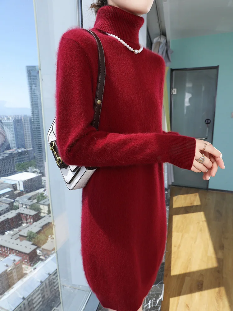 TLOML جديد إمرأة 100% المنك الكشمير فستان الياقة المدورة البلوز نمط غير رسمي الخريف الشتاء سليم لينة الدافئة الكشمير محبوك فستان