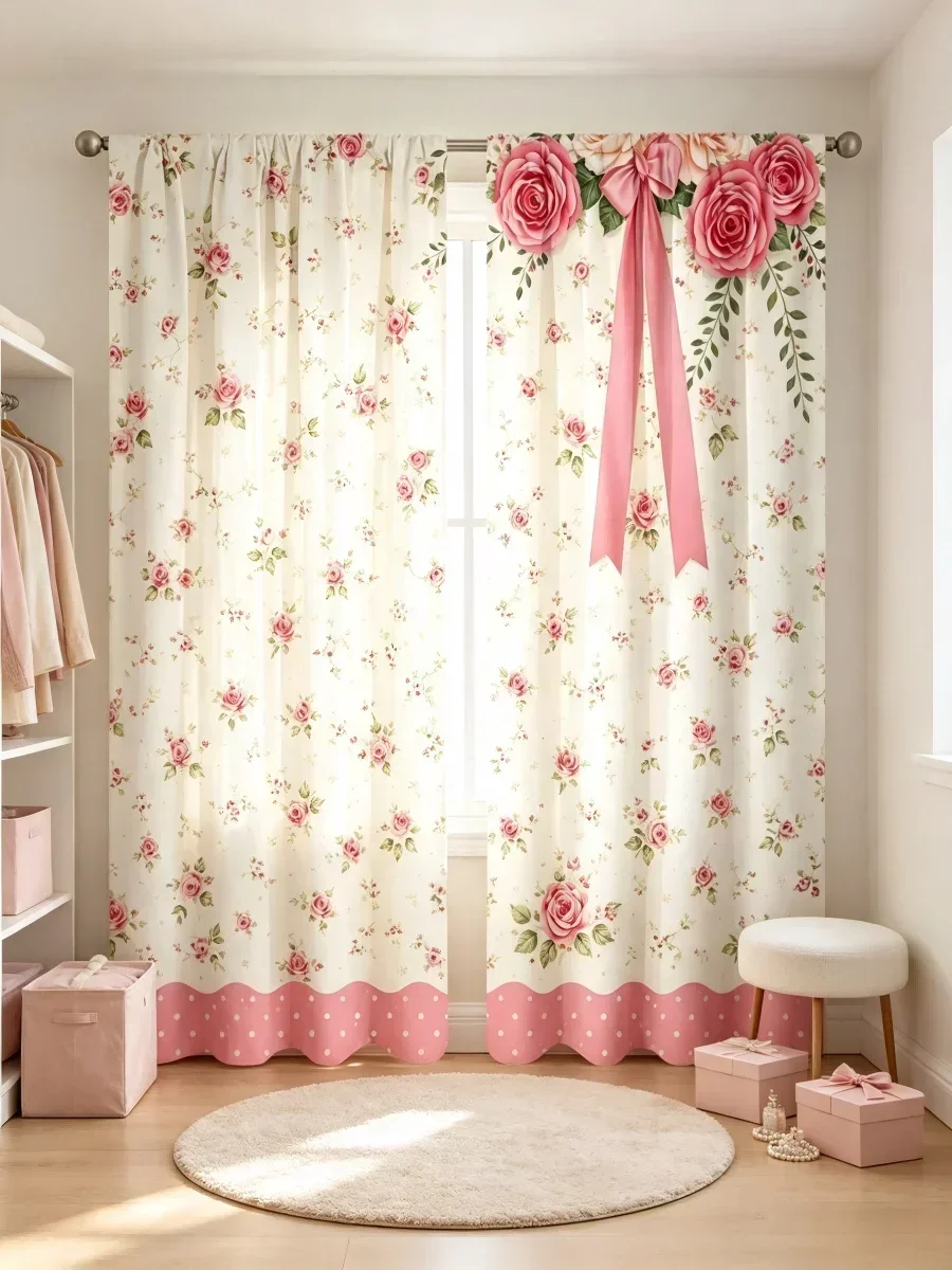 2PCS Pink Rose Bow Print Curtains, Shabby Chic Romantic Style with Polka Dot Trim, Rod Pocket Drapes for Bedroom Decor