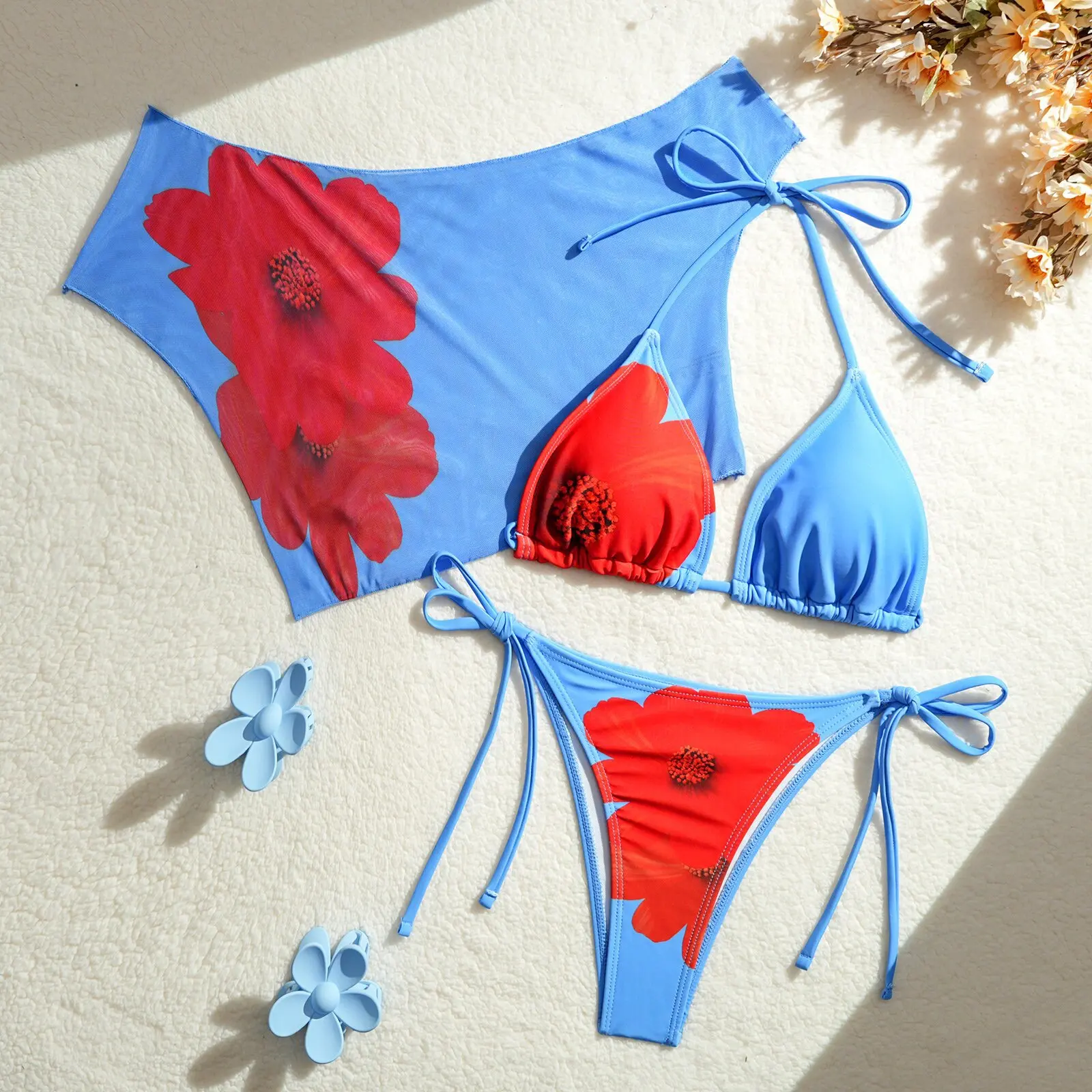 مثير طقم بيكيني صغير 2025 المرأة الأزهار طباعة رفع البرازيلي التعادل الجانب ثونغ ملابس السباحة البرازيلي الشاطئ ثوب السباحة 3 قطعة ملابس السباحة
