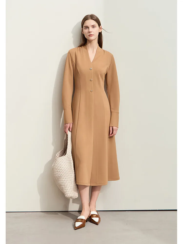 

Amii Minimalism 2025 Women Dresses Autumn New Elegant V-neck Buckle Waist Fashion Office Lady Slim Long Dress Female 12443046