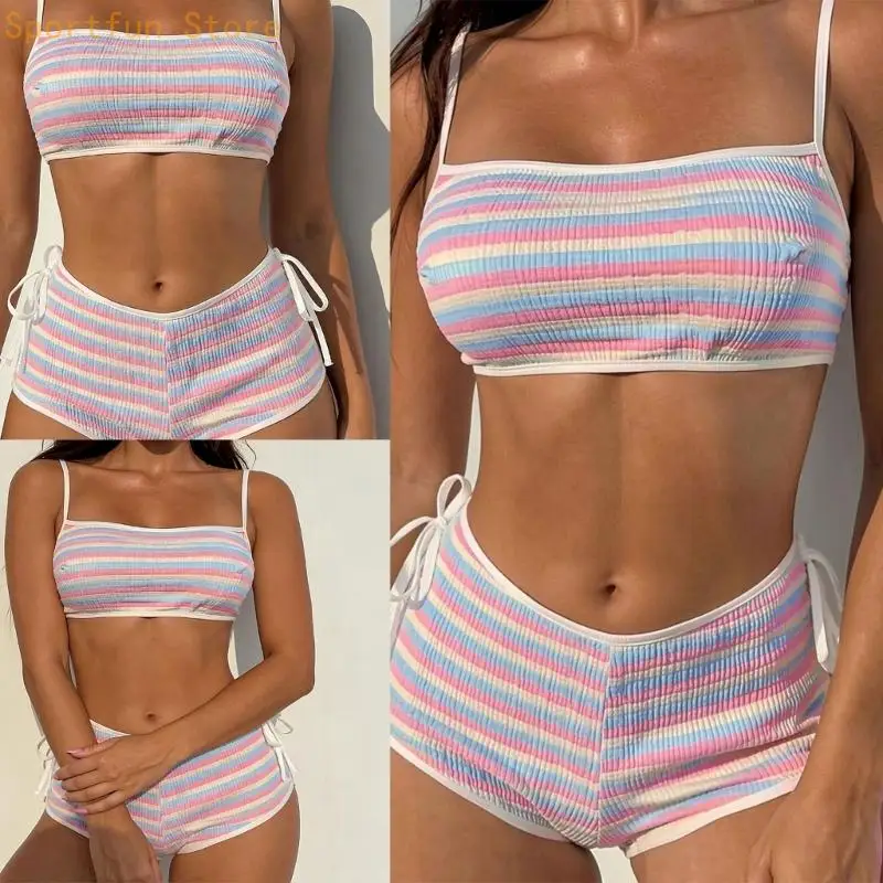 Women Stripe Print Swimsuit Two Piece Bandeau Swimwears with Shoulder Band for Beach Sunbathing Swimming Surfing X7JD