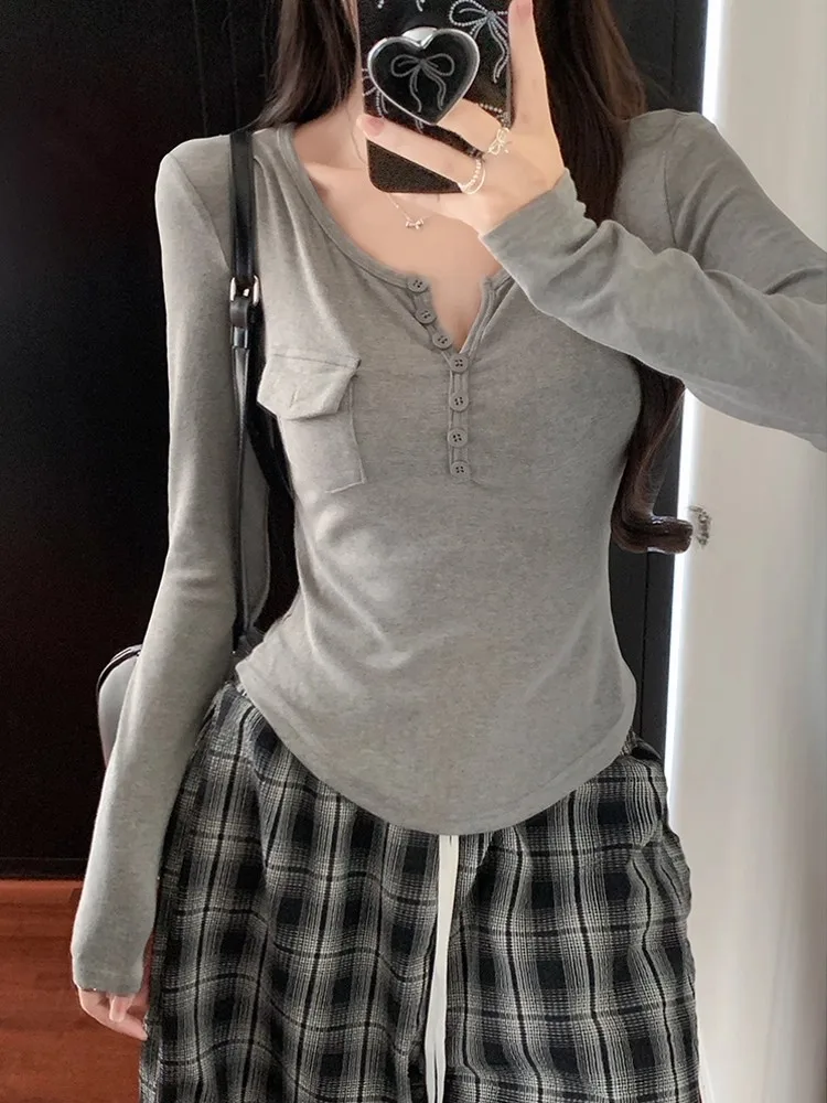 

Slim Fit Long Sve V-Ne Waist-Cinching Button-Up T-irt Women's Faion Autumn Winter New Sle Pure Desire Sle Top