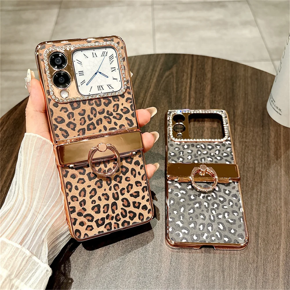 Fashion Leopard Pattern Phone Case For HuaWei Nova Flip Ring Plating PC Hard Shell Protective Back Cover