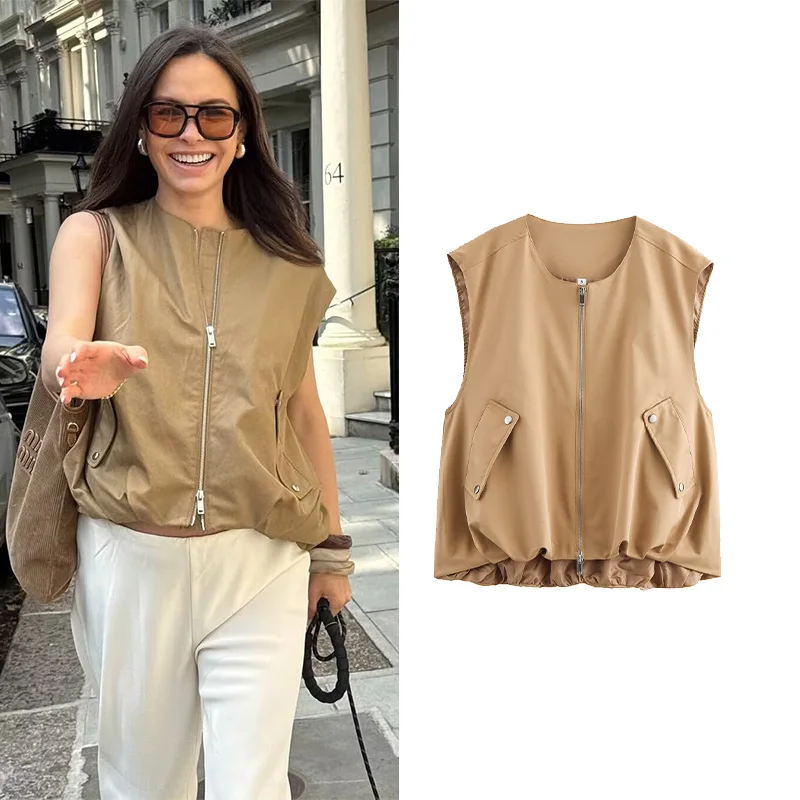 

HipSeam Outdoor Vest Women Autumn Clothing O Neck Lady Sleeveless Tank Top Pleated Hem Casual Pocket Waistcoat Women's Chic Tops
