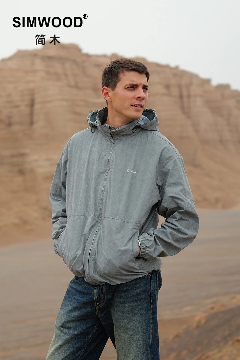 

SIMWOOD 2025 винтажная стираная куртка для мужчин, легкая ветровка большого размера 155 г/м2, весенне-осенняя одежда больших размеров