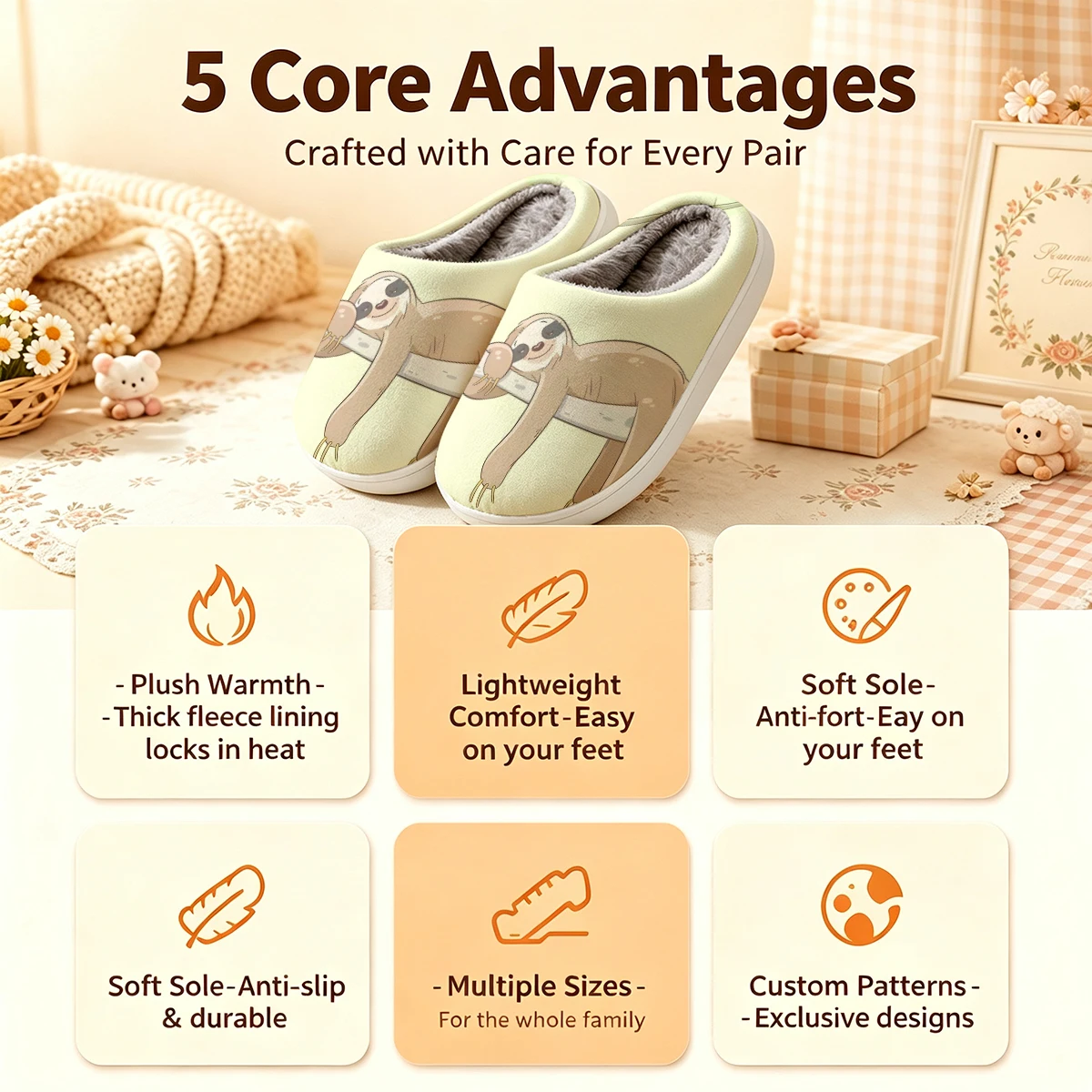 Sleepy Sloth Christmas White Slippers Warm Plush Indoor Shoes Non-Slip Winter Slippers Family Holiday Gifts Soft view 4