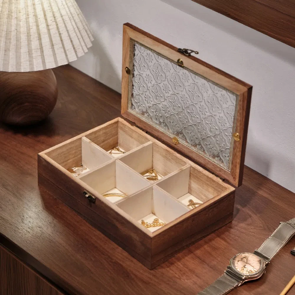 

Vintage Wooden Jewelry Storage Box Decorative Desktop Sorting Glass Cover Jewelry Box Crabapple Flower Flip Cover