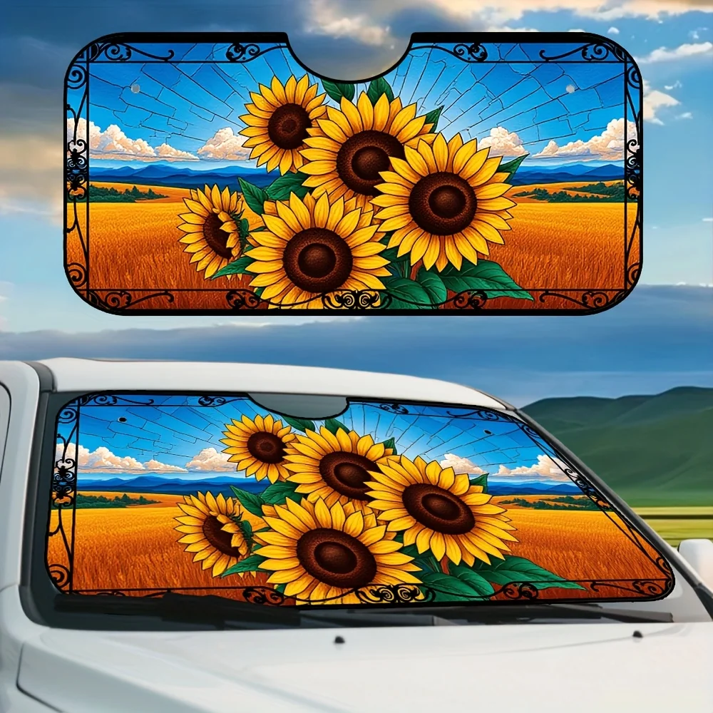 1pc, Stained Glass Sunflower Art Design Sunshade For Vehicle Windshield, Smooth Fold, Reliable Fit, Perfect For Day Trips, Parki
