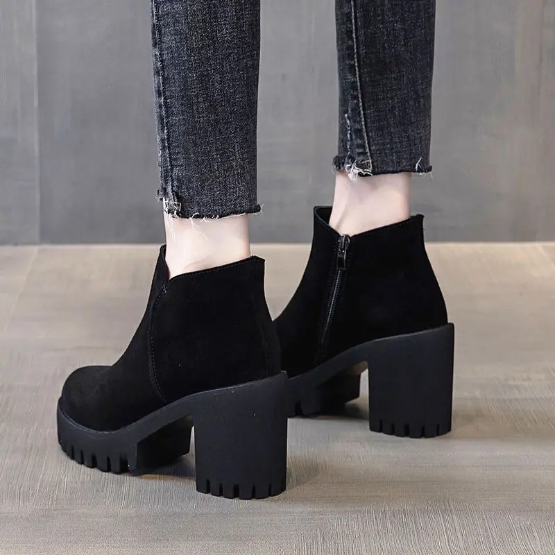 Female Ankle Boots Very High Heels Suede Platform Black Work Heeled Booties Chunky Short Shoes for Women Sale New Rock Footwear