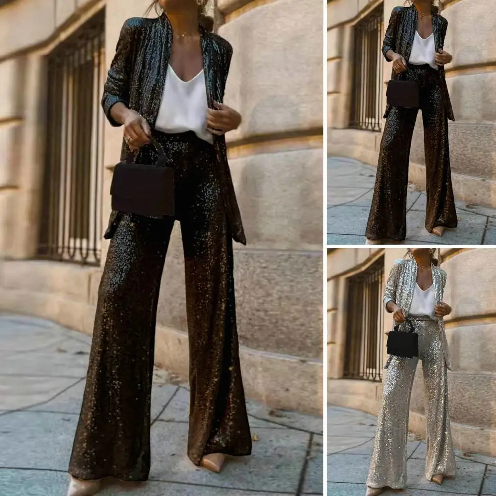 Elastic Waist Sequin Pants Elegant Sequin Cardigan Wide Leg Pants Set for Women Formal Commute Style Coat with High Waist Pants