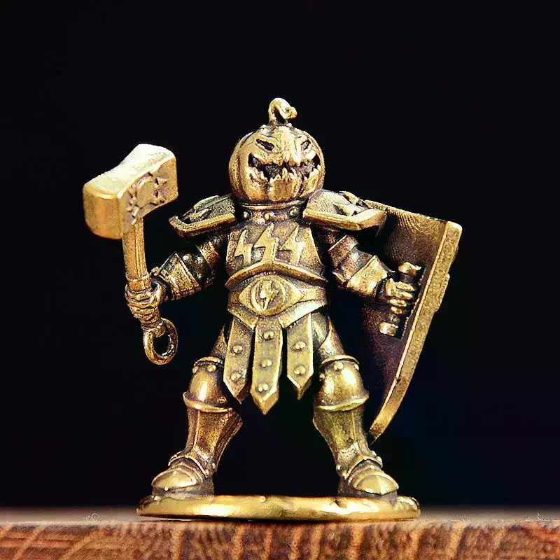 Brass Made Shield Soldier Statue Pumpkin Demon Warrior Display With Hammer Pumpkin Headgear Figurine Home Office Decor