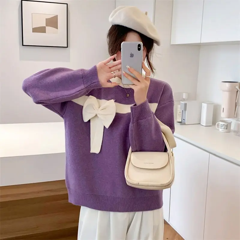 

Red Bow Thickened Pullover Elegant Sweater For Women 2023 Autumn/Winter New Korean Fashion Loose Knitted Bottom Top