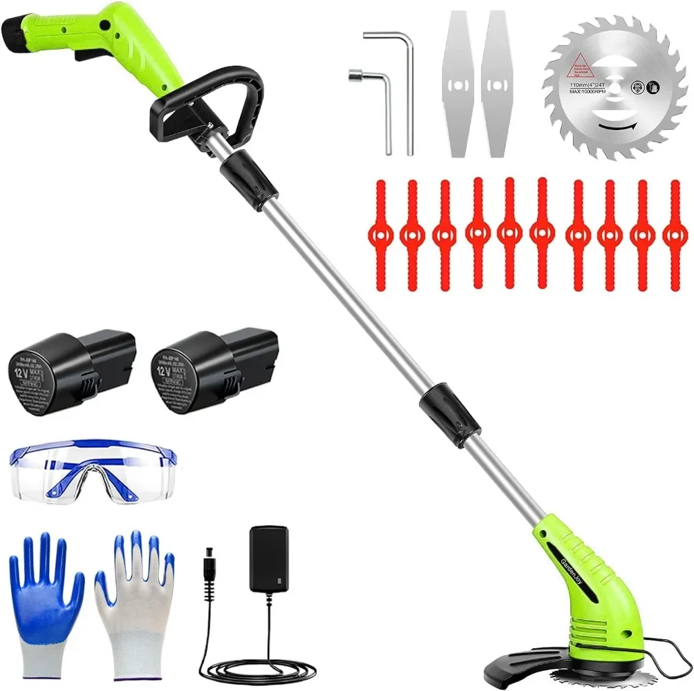 

12V Cordless Grass Trimmer with 2Pcs 2.0Ah Batteries, Fast Charger and 3 Types Cutting Blades for Garden Yard Weeding Work