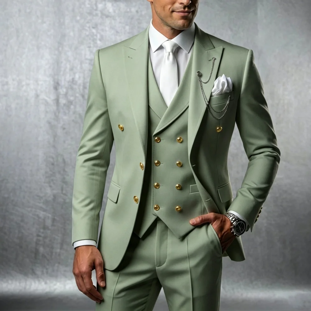Double Breasted 3 Pieces Groom Suit for Men Wedding Tuxedo with Gold Buttons Slim Fit Blazer Vest Pants Party