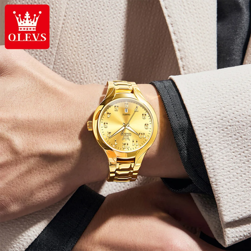 OLEVS Men's Watches 3650G Top Brand Luxury Gold Original Quartz Watch for Man Waterproof Luminous Date Arabic Numerals Dial relo