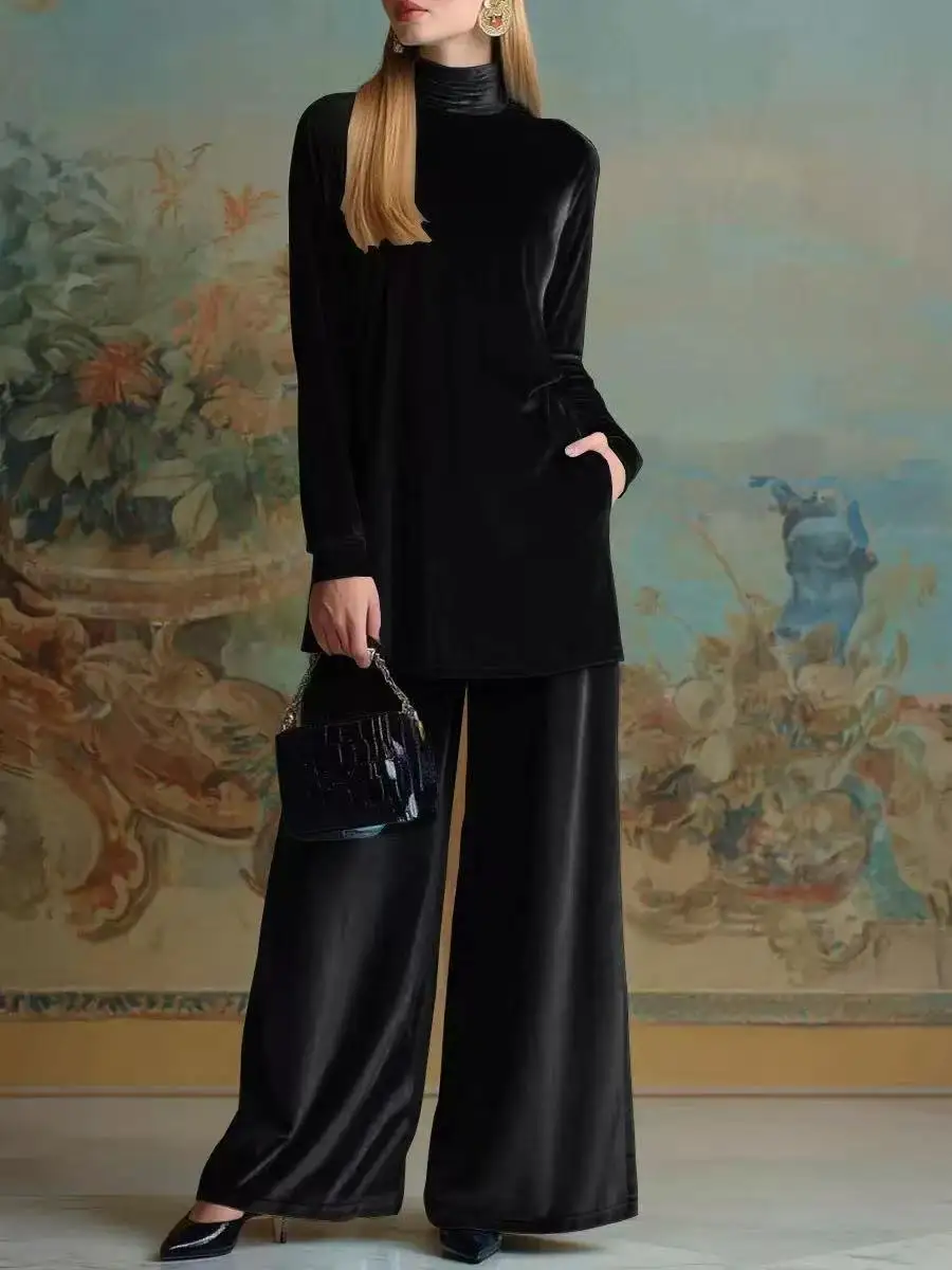 Europäisch-Amerikanisches Herbst-Winter-Set aus Samt: Locker geschnittenes Rollkragen-Oberteil mit Schlitz und weit geschnittene Hose mit Taschen, zweiteiliges Outfit. – Detail 5