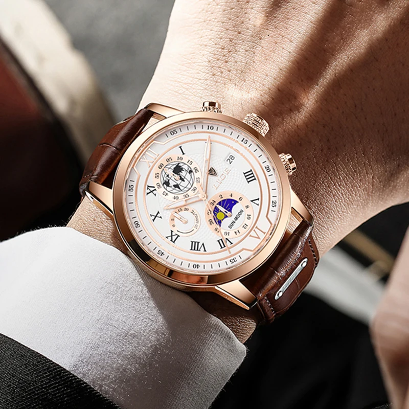 LIGE leather Watches for Mens Creative Fashion Luminous Big Dial with Chronograph Clock Male Casual Waterproof Quartz Wristwatc