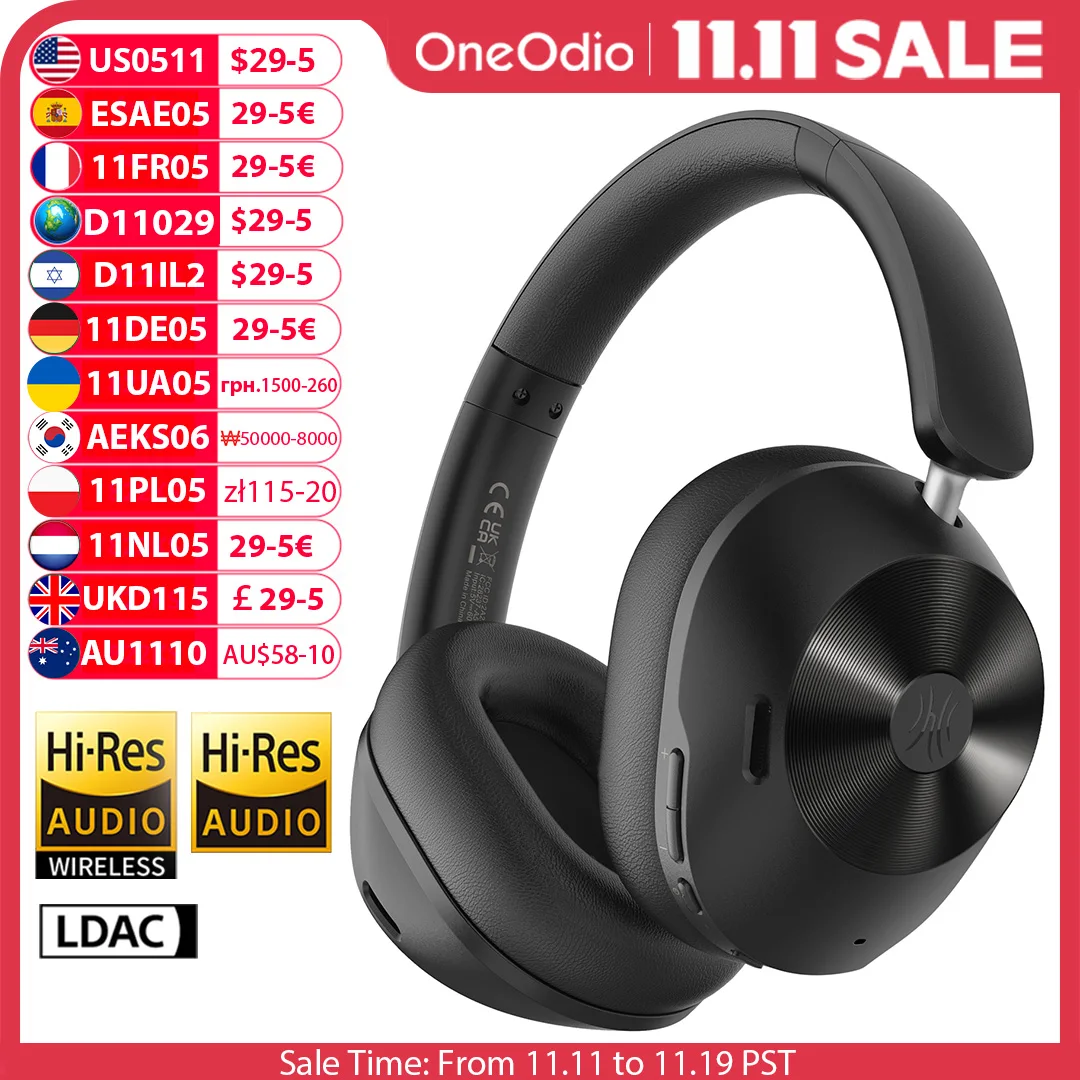 Oneodio A5 Cuffie Bluetooth 5.4 43dB ibrido attivo con cancellazione del rumore Cuffie wireless ad alta risoluzione LDAC Audio con microfono ENC