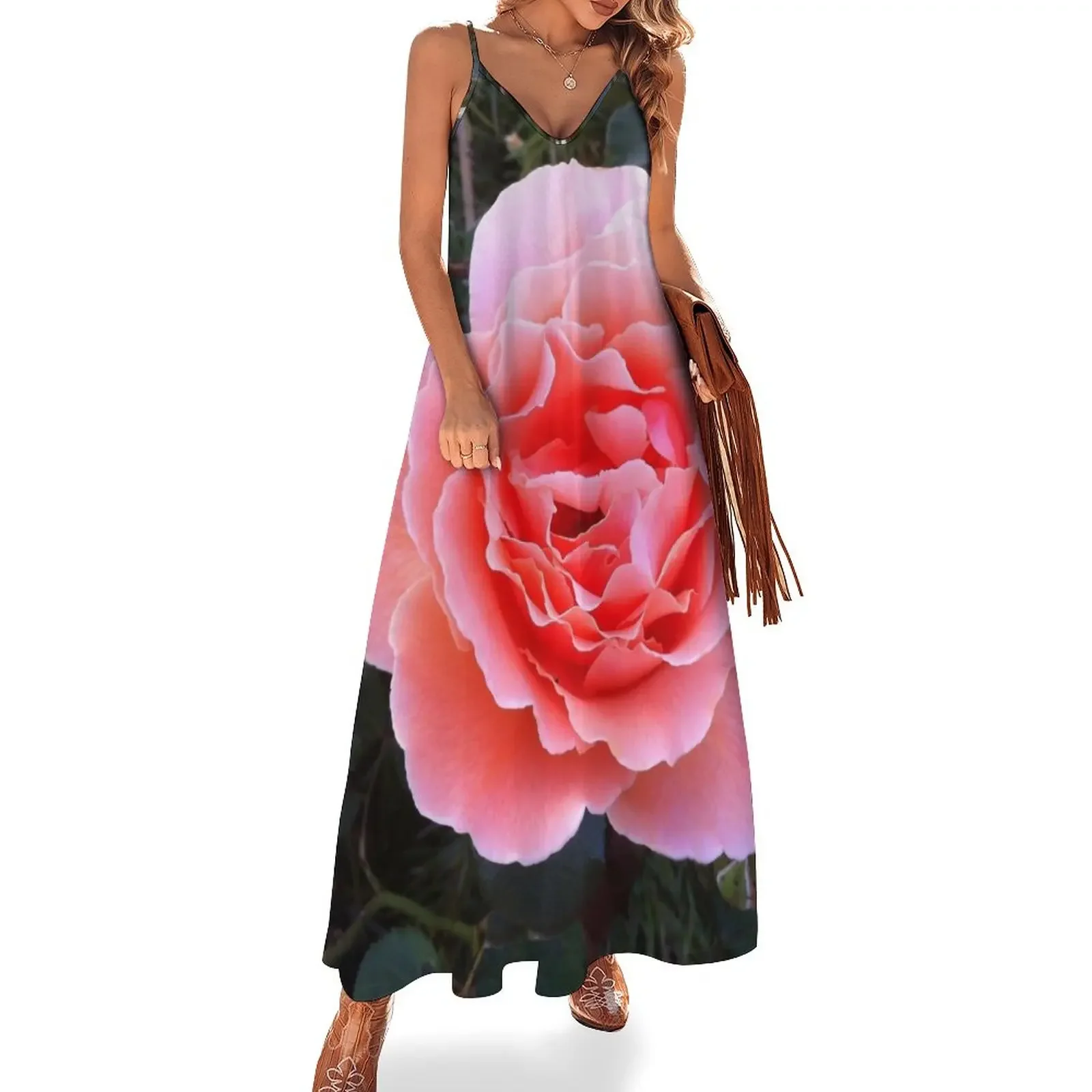 

Peach Pink Rose Sleeveless Dress Women long dress Party dresses for women sensual sexy dress for women