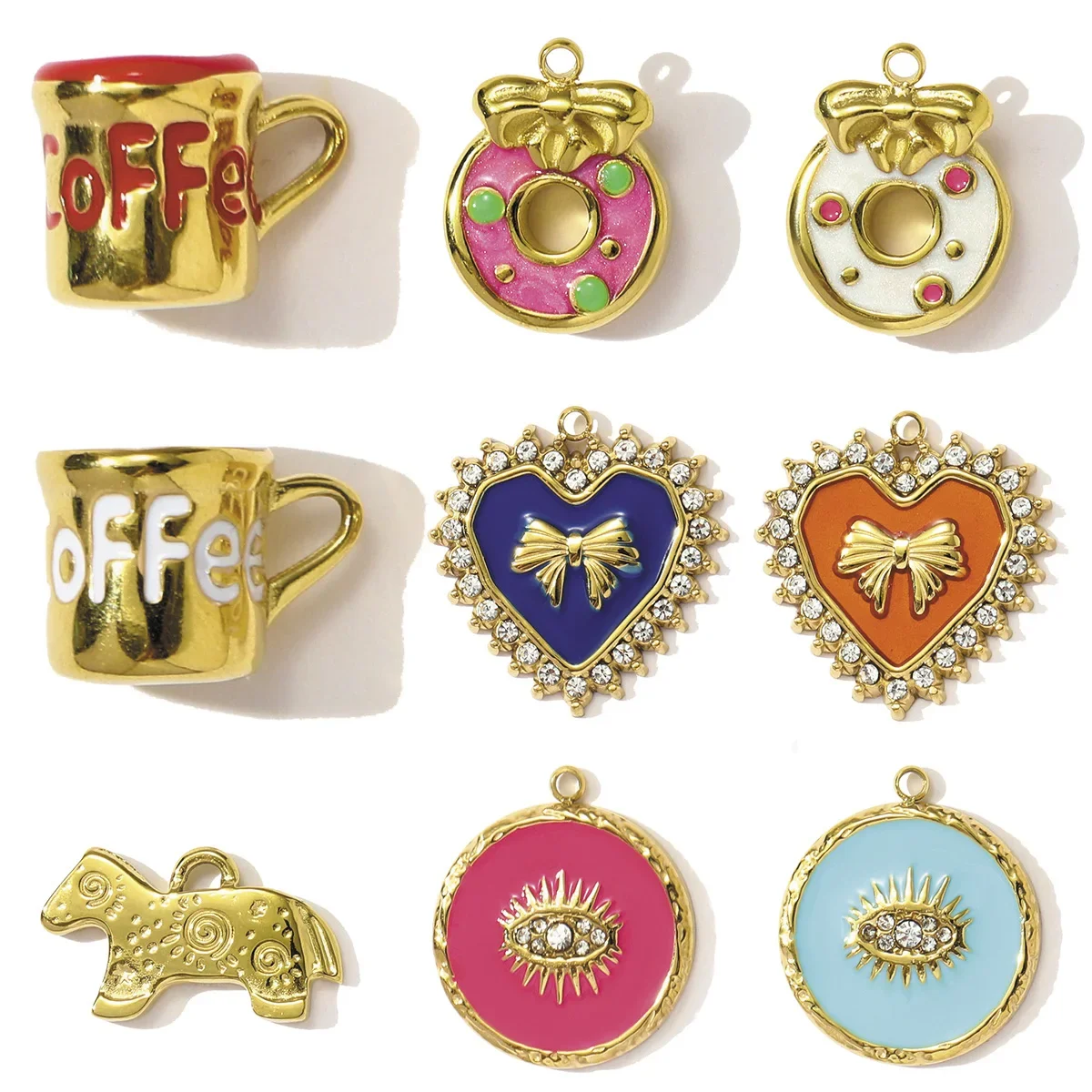 3pcs/Lot Cute Stainless Steel Coffe Cup Doughnut Necklace Pendants Enamel Dog Bow Knot DIY Charms Women Love Heart Jewelry