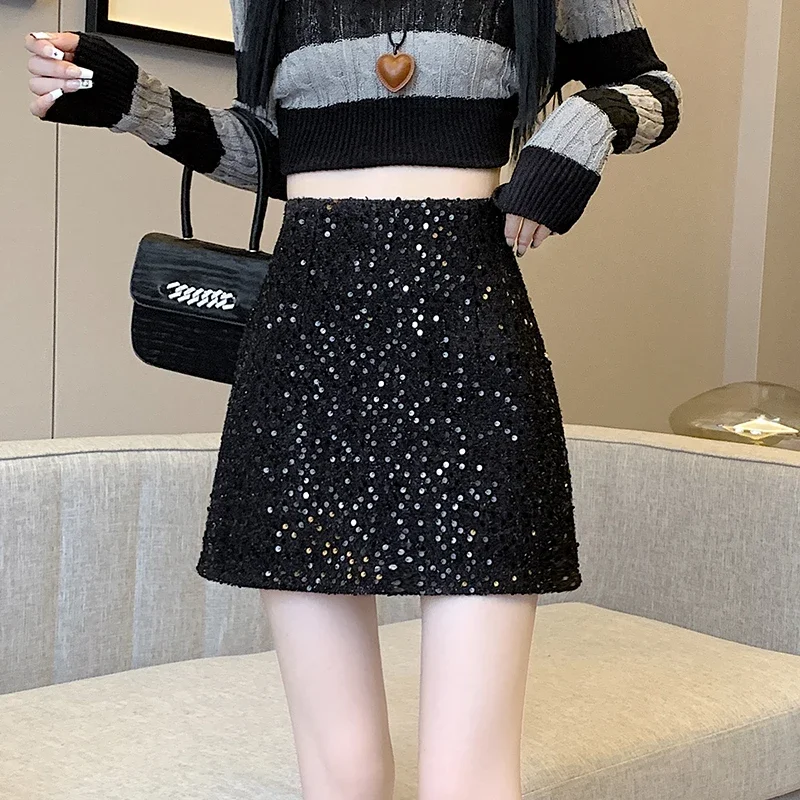 Fashion Korean Autumn Winter Mini Skirt Women Streetwear Glitter Sequin A-Line Y2K Skirts With Shorts White Black Pink Faldas