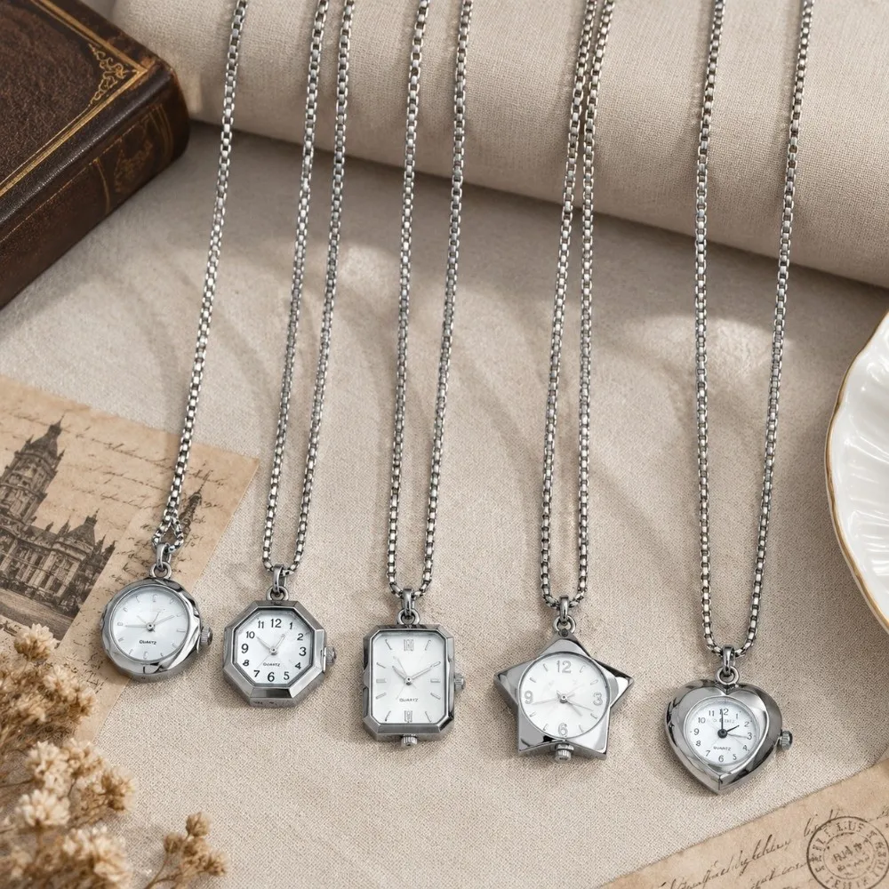 Heart-shaped Star Pocket Necklace Cross Pendant Geometry Y2K Necklace Hip Hop Round Watch Chain Jewelry Jewelry Accessory