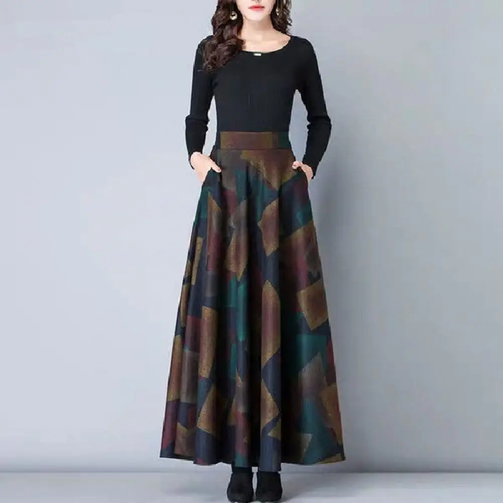 Stylish Office Skirt Autumn Winter Plaid Print High Waist A-Line Maxi Skirt Large Hem Thick Elegant Skirt Female Clothing