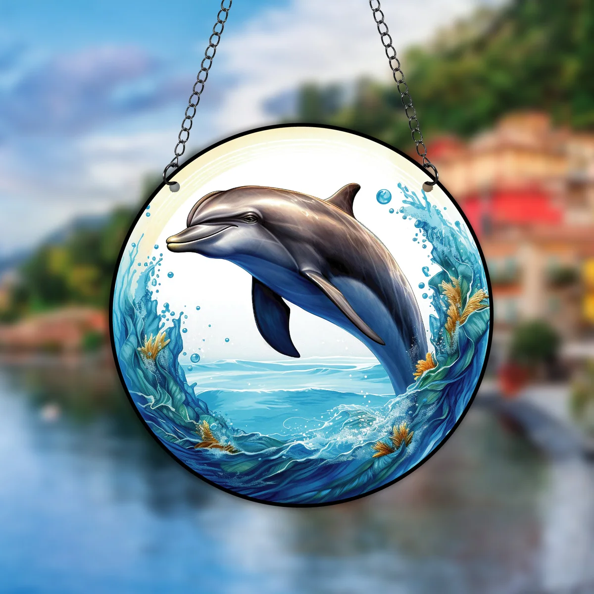 1PC Dolphins Wall Art Decor Round Hanging Sign Decorative Indoor Outdoor Window Acrylic Welcome Plate Pendant Decoration