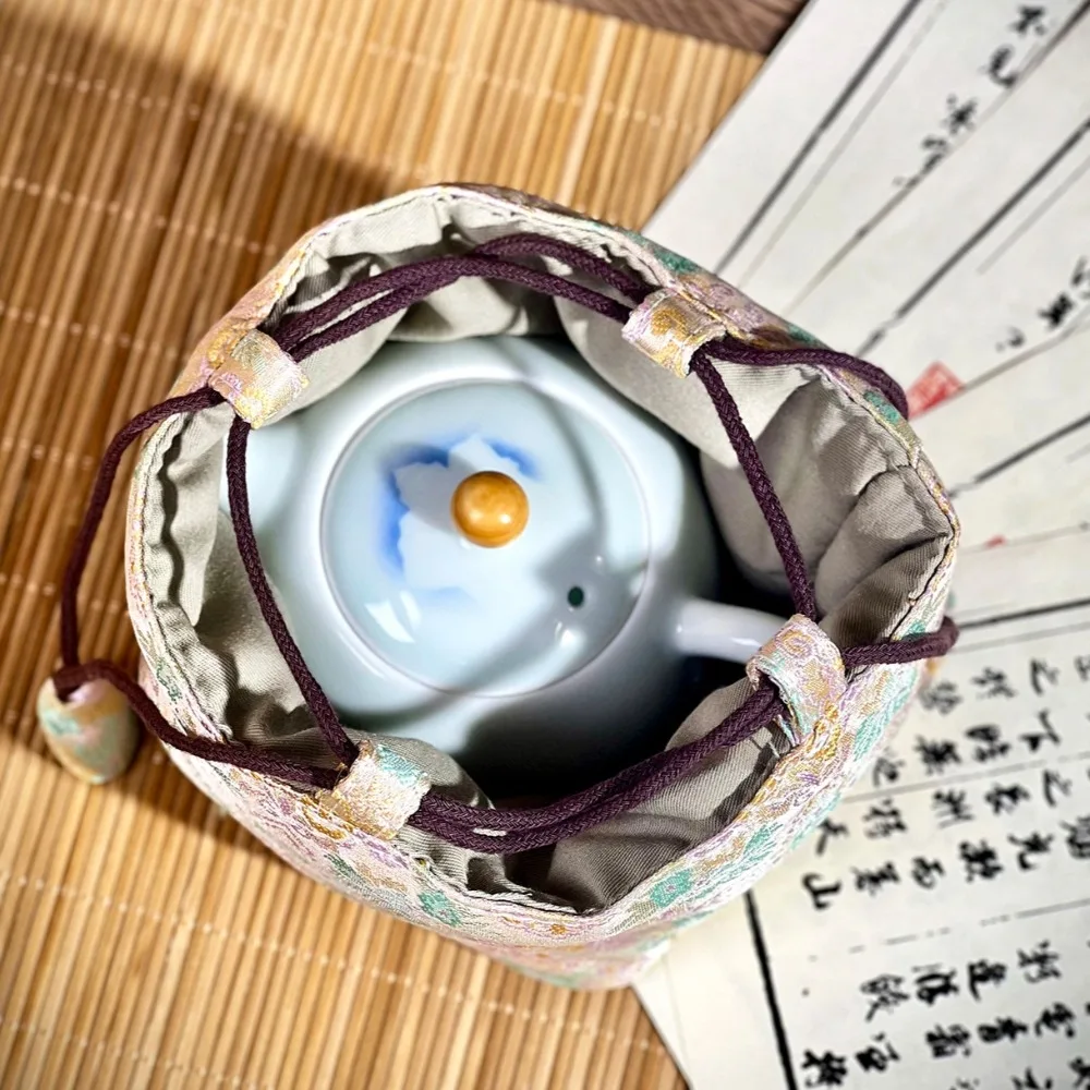 

Chinese Style Tea Set Organizer Bag Embroidered Breakage-proof Brocade Bag Multifunctional Portable Handbag Travel