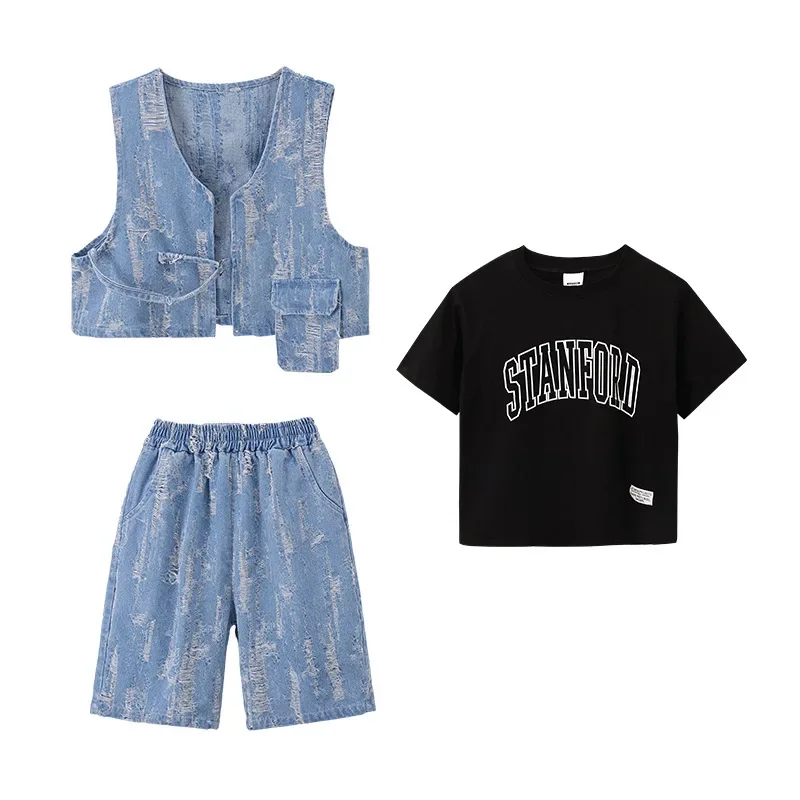 Costumes de danse Jazz pour garçons, t-shirt ample, gilet en Denim, short, costume pour filles, vêtements de danse Hip Hop Rave, ensemble de vêtements de spectacle sur scène de groupe, nouvelle collection