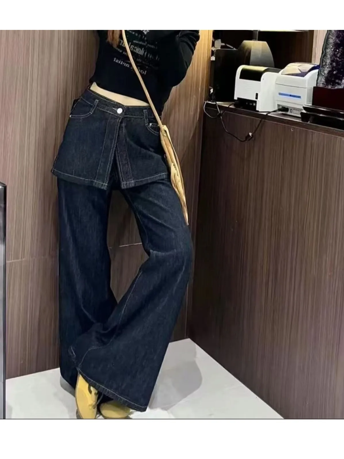 

Джинсовые брюки в стиле ретро с высокой талией, расклешенные ноги, повседневные женские летние новые популярные брюки из двух предметов для похудения