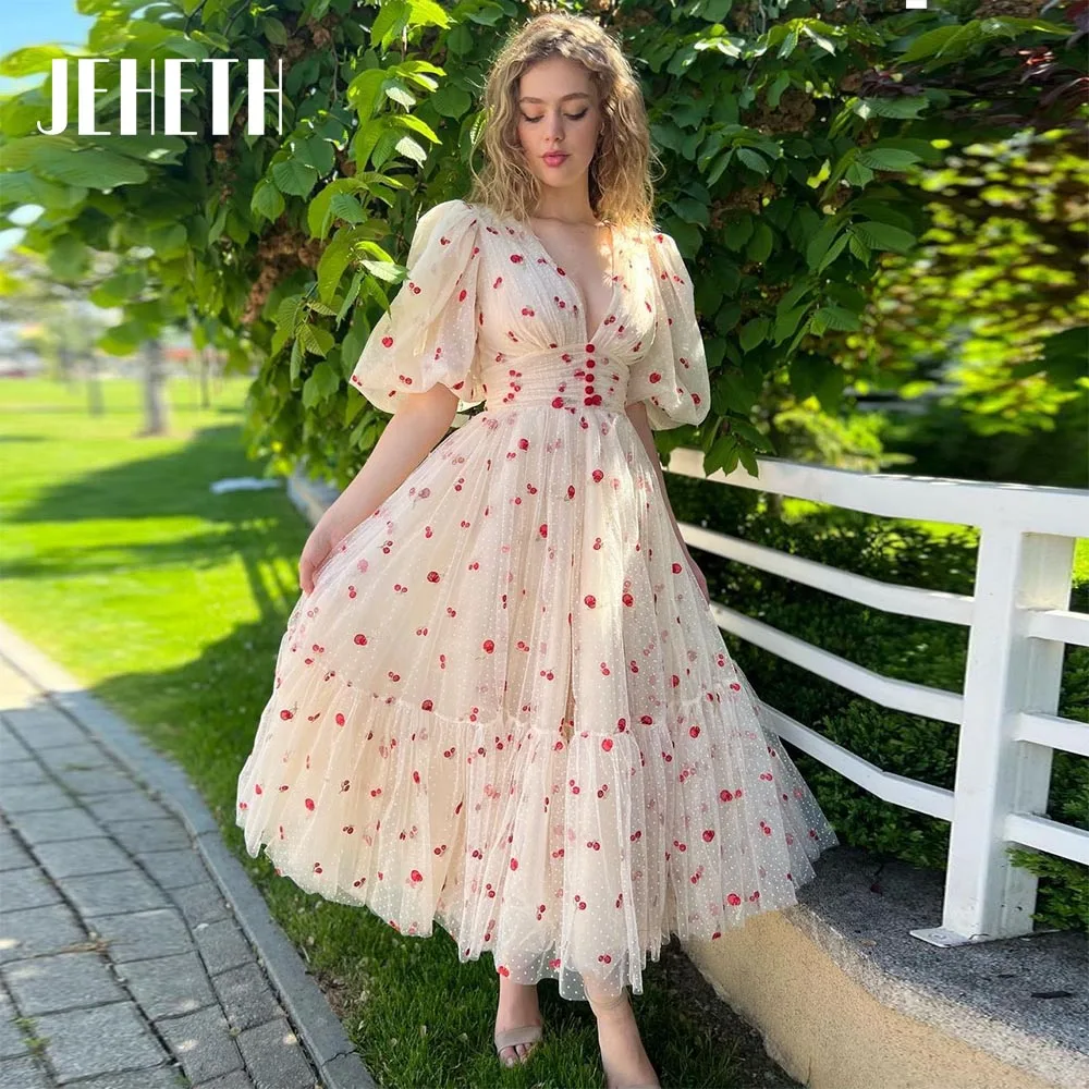 JEHETH Pastrol Cherry Tulle Prom Vestidos Deep V-Neck Mangas Metade Puff A Linha Tornozelo Comprimento Festa Vestidos de Noite Robe De SoiréePastrol Cherry Tulle Prom Vestidos Deep V-Neck Mangas Metade Puff A Linha Tor