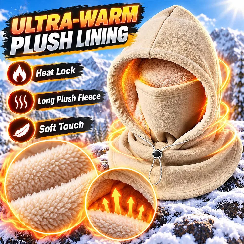 3 in1 Fleece Double Layer Integrated Hat Windproof Warm Winter Flannel Warm Mask Hat Balaclava Hood Fleece Lined 360 Full Cover