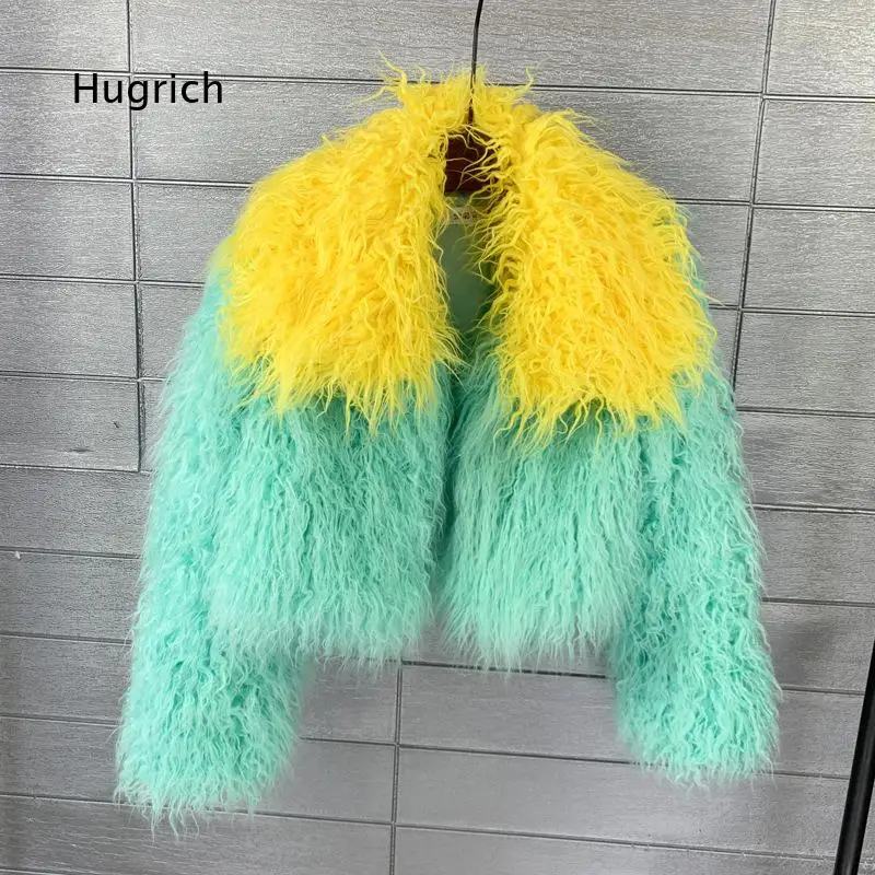 Splicing color block faux sheep fur coat for women faux fur lapel short outerwear European and American style fashionable fuzzy