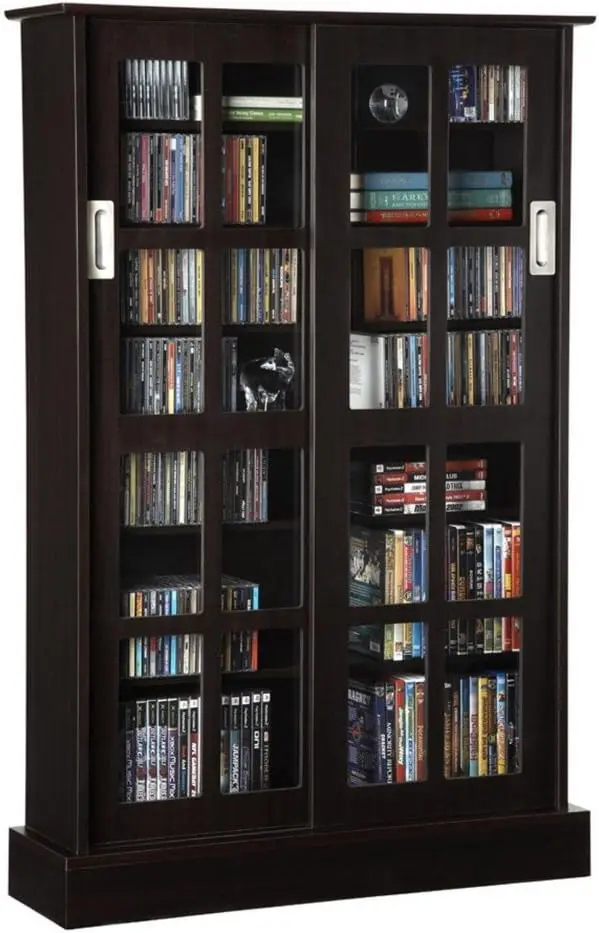 Windowpane Media Storage Cabinet with Tempered Glass Pane Styled Sliding Doors, holds CD, DVD or Blu-ray Media, Collect