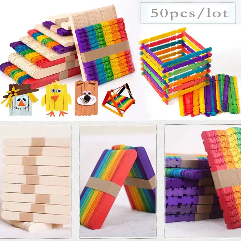 50Pcs Wooden Popsicle Sticks Natural Wood Ice Cream Sticks Creative Kids Puzzle DIY Hand Crafts Art Ice Cream Lolly Cake Tools