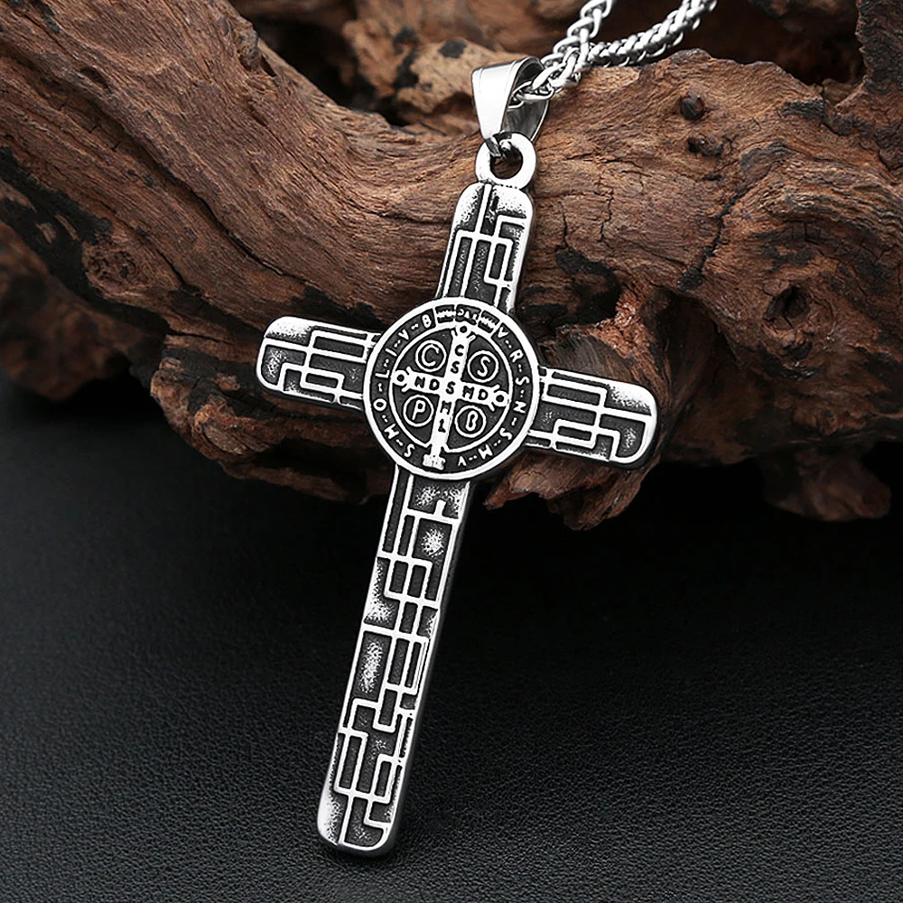 Vintage Stainless Steel Catholic Jesus Cross Necklace For Men Women Saint Benedict Cross Pendant Fashion Amulet Jewelry Gifts