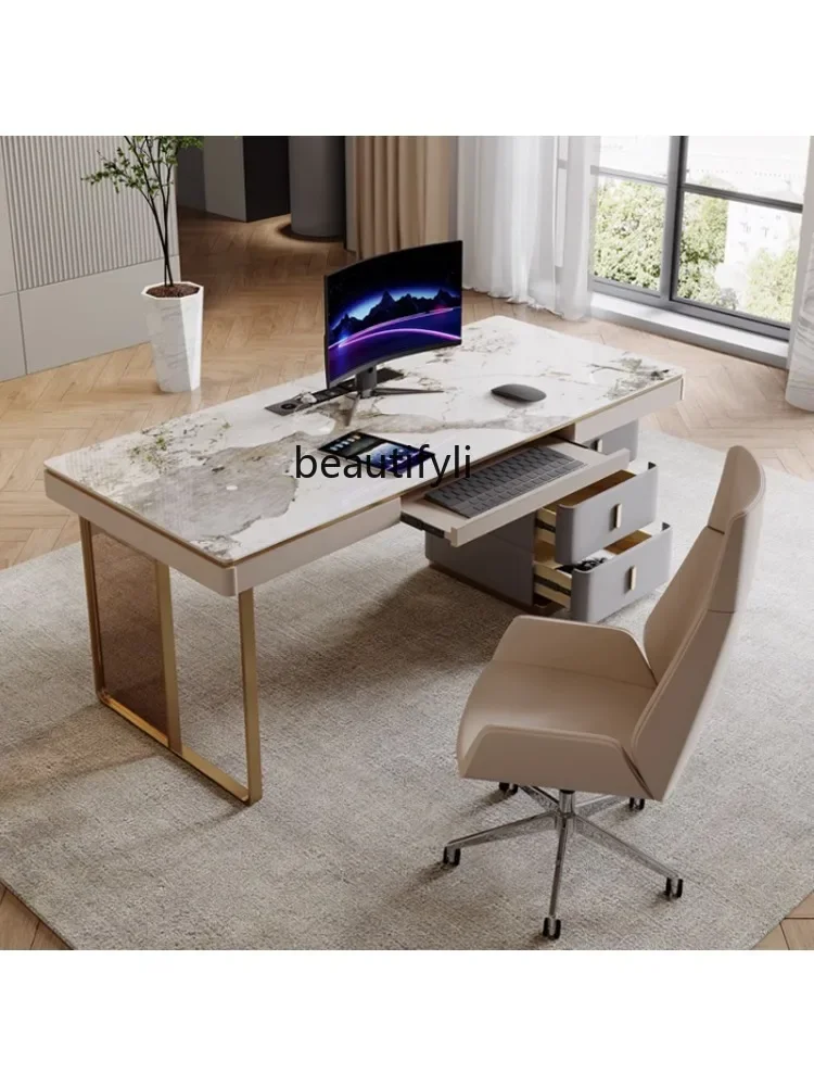 

Light Luxury Stone Plate Desk Table Modern Minimalist Desktop Computer Table and Chair Combination Home Study Desk