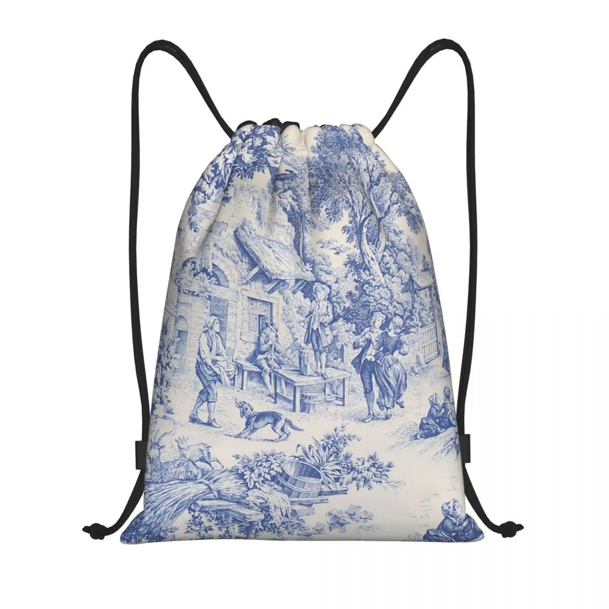 

Custom Toile De Jouy Navy Blue Motif Drawstring Bag Men Women Lightweight Classic French Art Sports Gym Storage Backpack