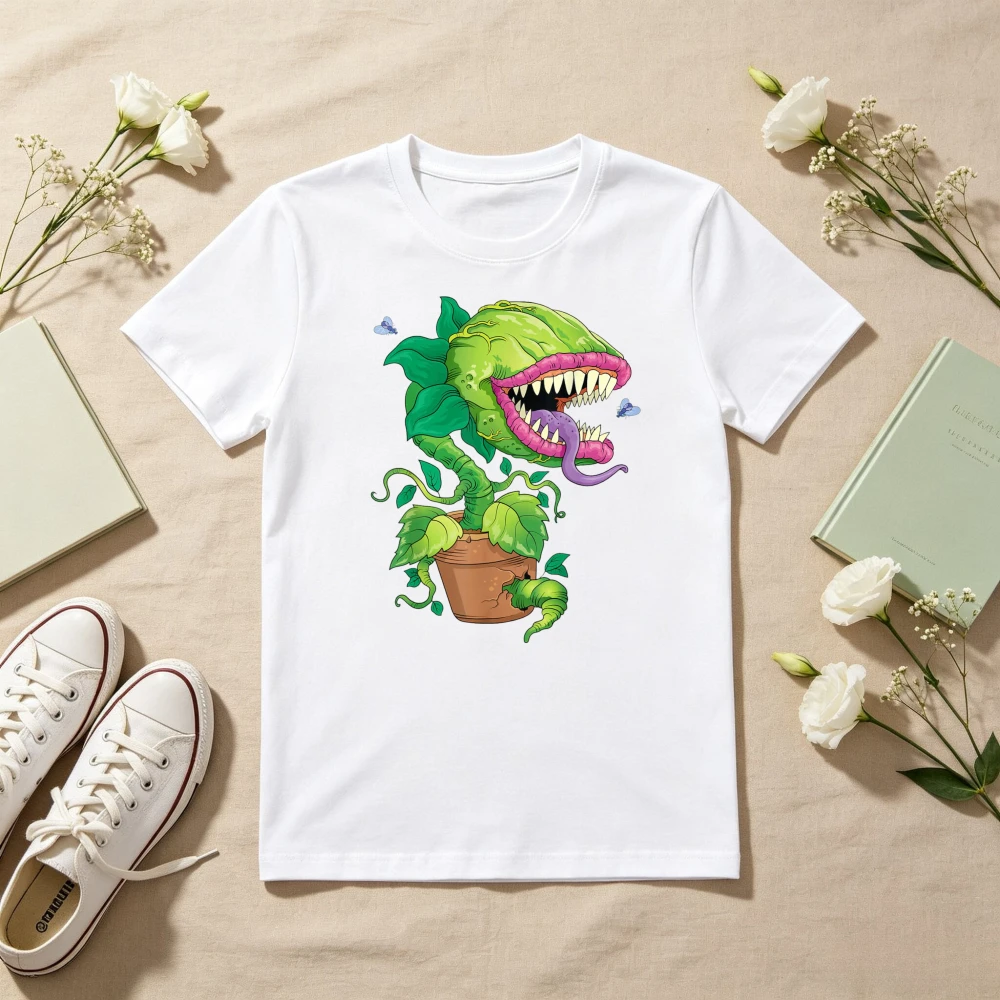 Funny Cartoon Fly Trap Monster Terror Carnivorous Plant T-shirt Summer O-neck Casual Fashion Loose Short Sleeve Man Women Tees