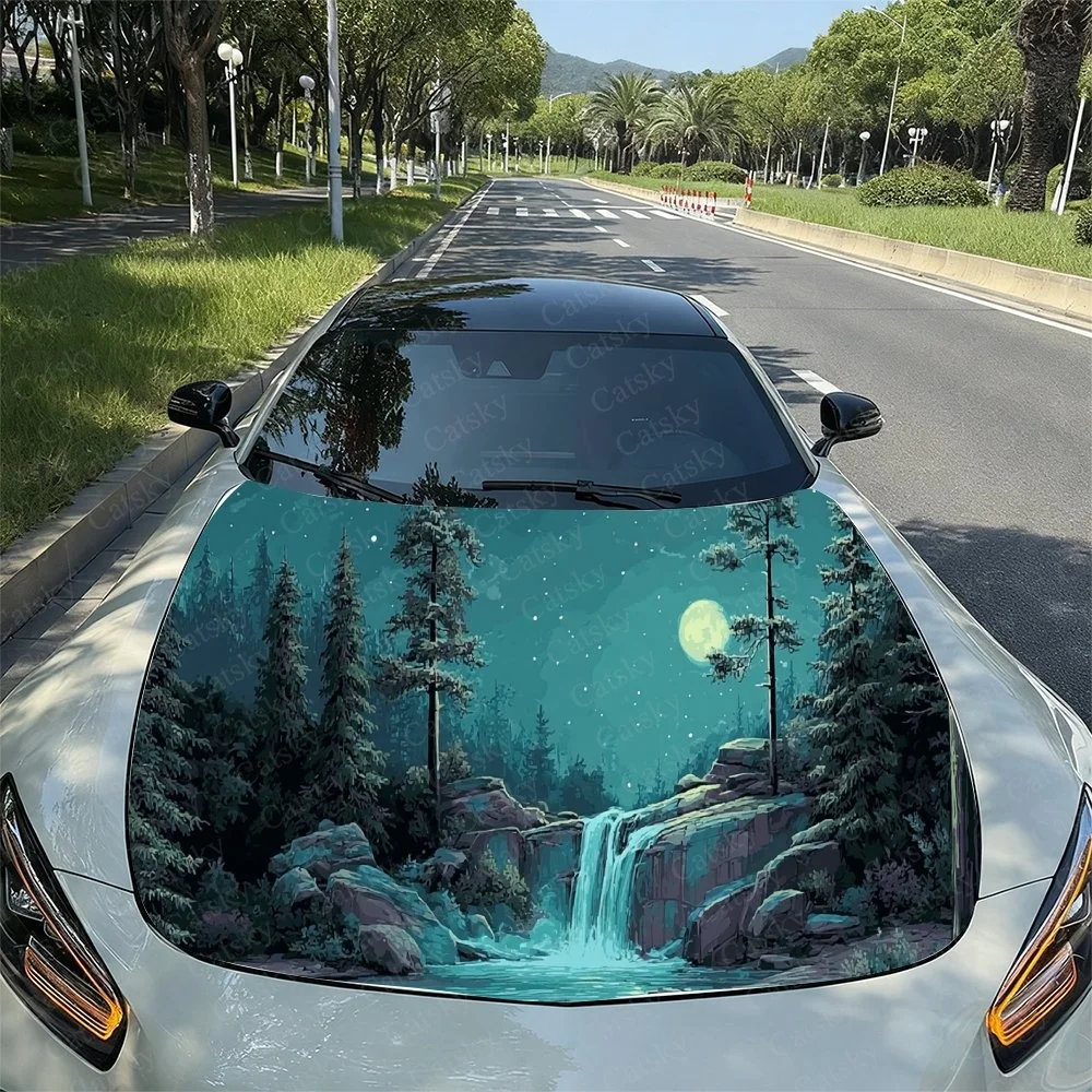 Forest waterfall under moonlight, serene nature scene on car hood, artistic and calming design.Car hood sticker