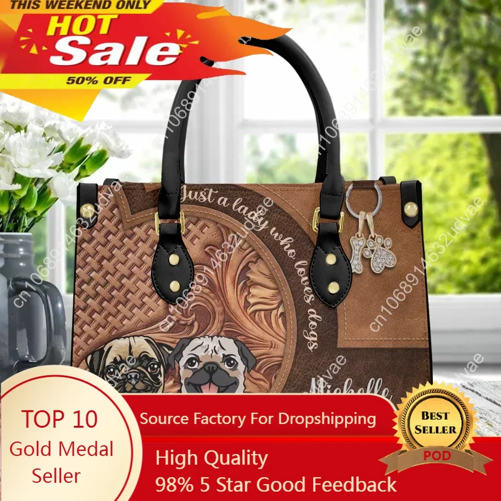 2023 Hot Sale Ladies Hand Bags Kawaii Pug Pattern Leather Handbags for Women Black Shoulder Strap Tote Bag Female Casual Bags