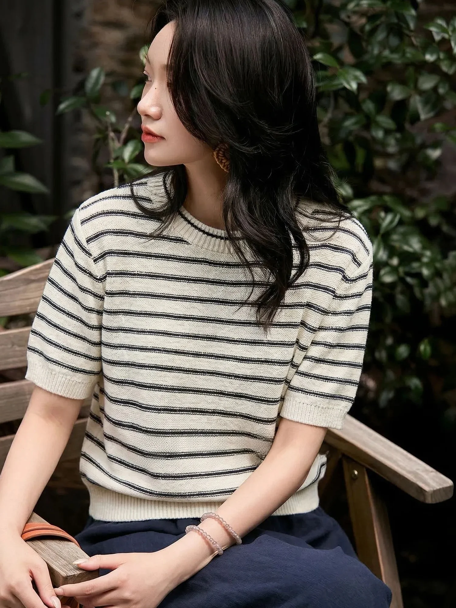 

Slim Fit Stripe Knit Top Women's Summer Casual round Neck Short Sleeve Hoodie Style Cotton Blend Fashionable Versatile Outerwear