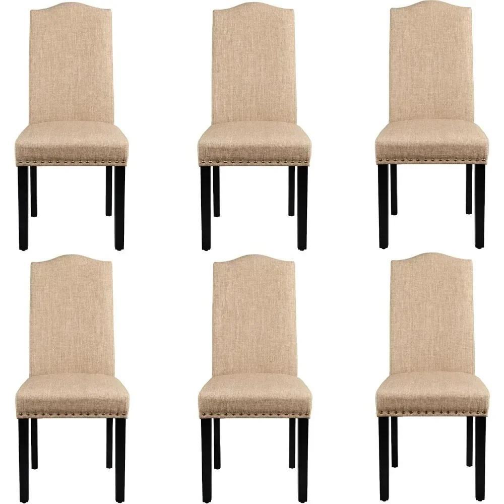 6 fabric Parsons chairs for dining, dining kitchen side chairs, rubber wooden legs and nail head trim, khaki color