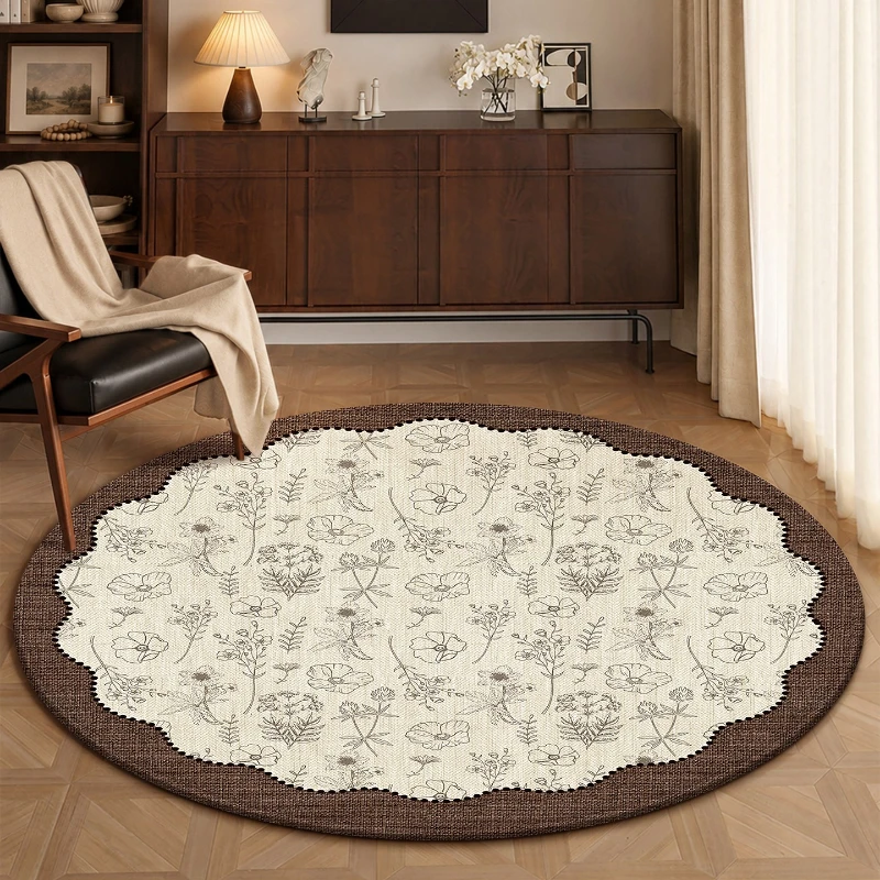Round Rug Living Room Carpet Stain-resistant Wear-resistant Floor Mat French Vintage Floral Rugs Large Size Home Decor Carpets
