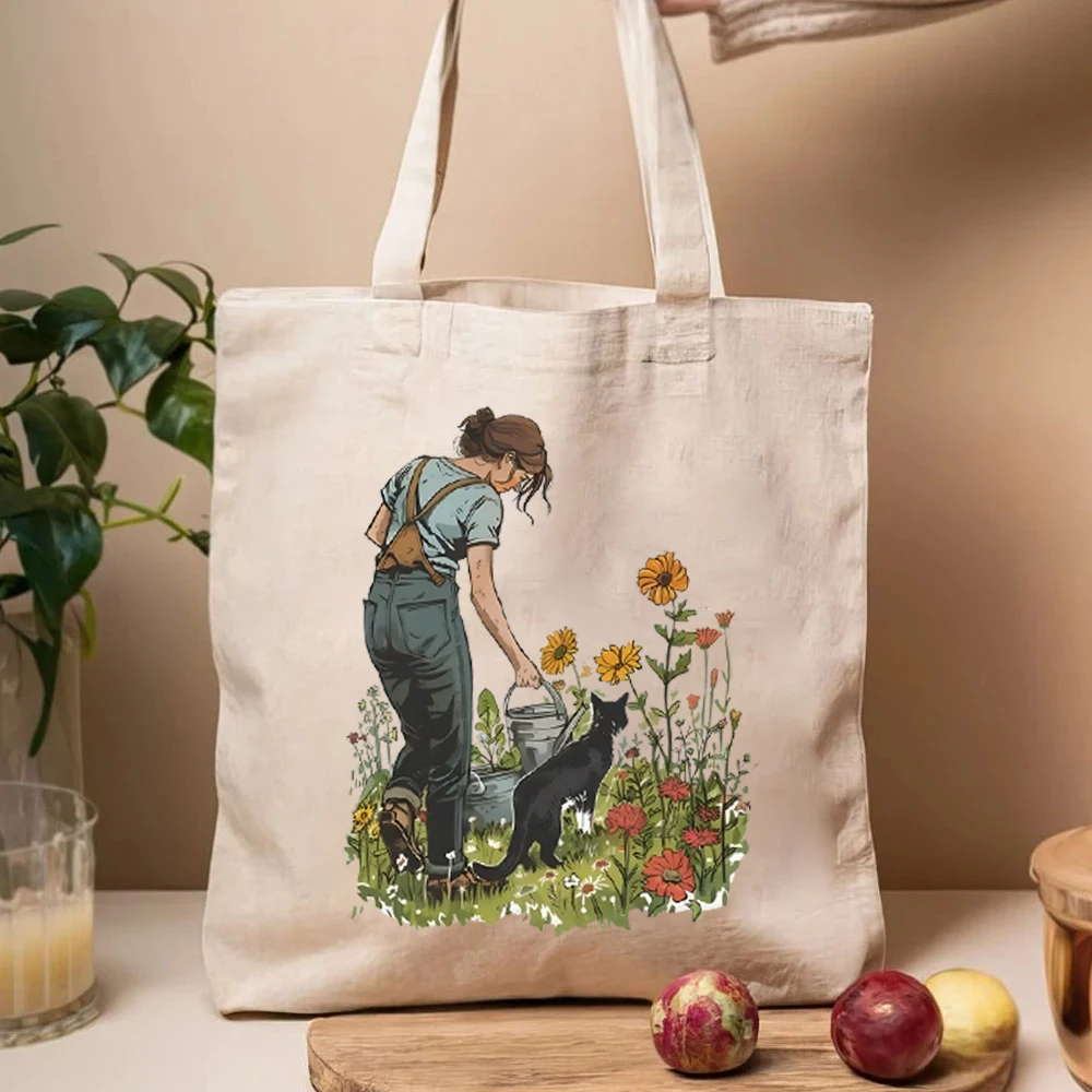 Gardening and Cat Tote Bag Wildflower Sunflower Women's Elegant Large Handbag  Large Capacity Female Shoulder Bag Cat Lover Gift