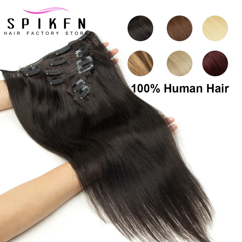 

SPIKFN Clip in Hair Extension Human Hair 7pcs/set Real Natural Human Hair Clip On Black Hair 12-24 inches Clip Hair Full Head